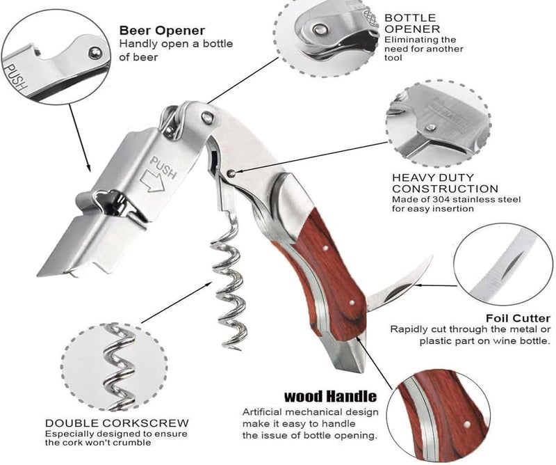 Kit-Home Professional Waiter Corkscrew Wine Key for Bartenders Set of 3,With Long Rosewood Handle Stainless Steel Handle Wine Opener for Bar Restaurant Waiters, Sommelier, Bartend (Rose Wood 3 Packs) - Image 3